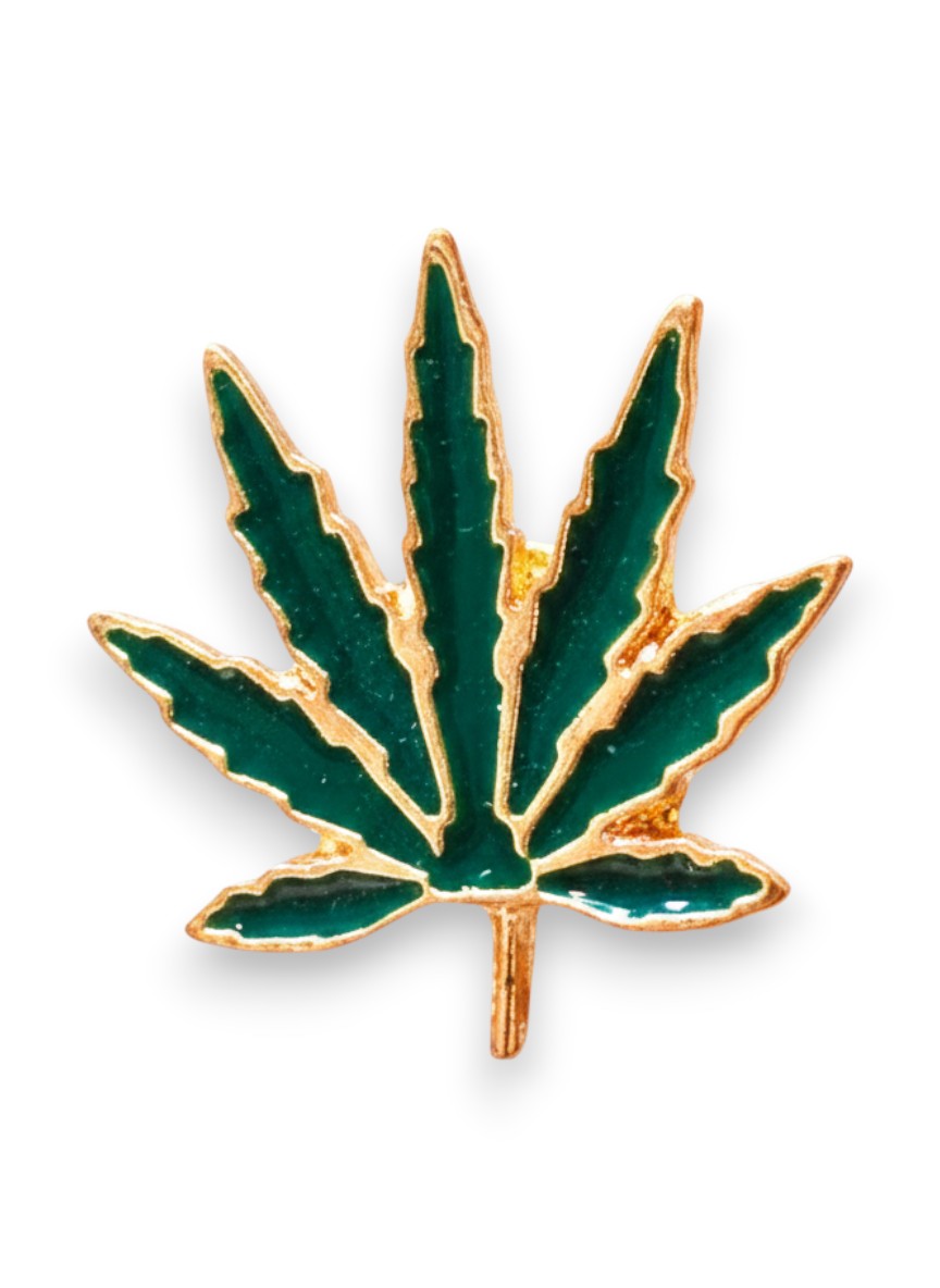 WILDSIDE green enamel marijuana leaf pin with gold trim. Perfect for jackets and bags.