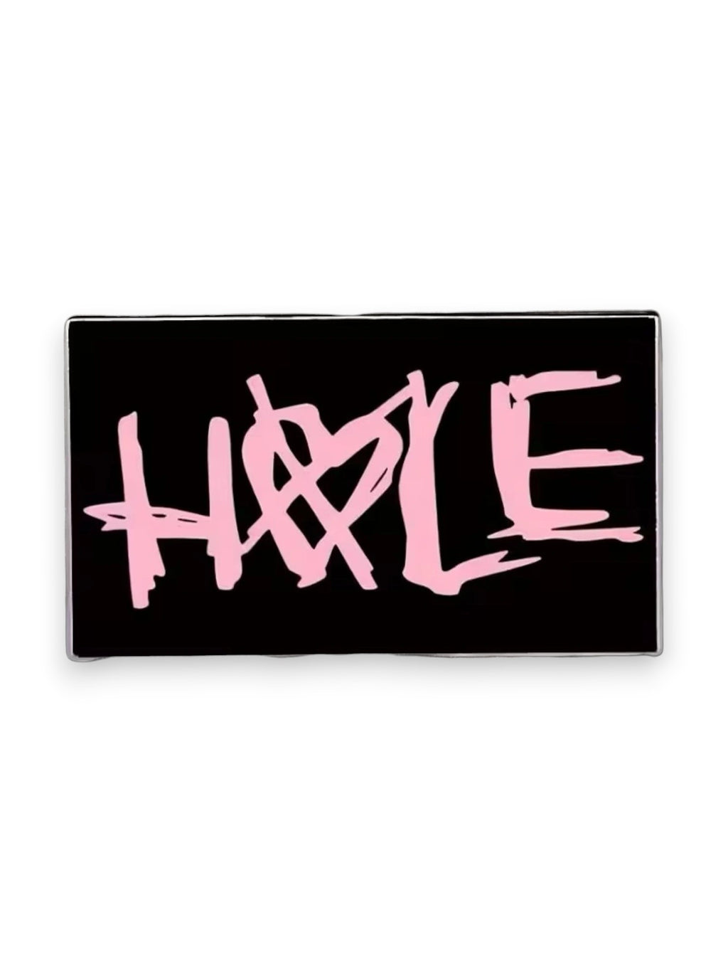 WILDSIDE black rectangular pin with pink 'Hole' text and a heart symbol.