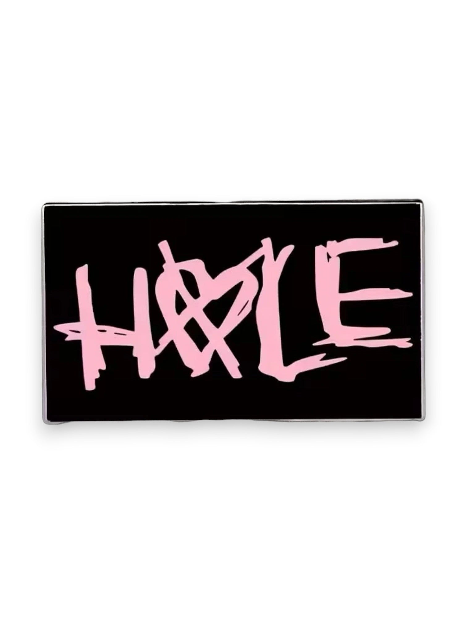 WILDSIDE black rectangular pin with pink 'Hole' text and a heart symbol.