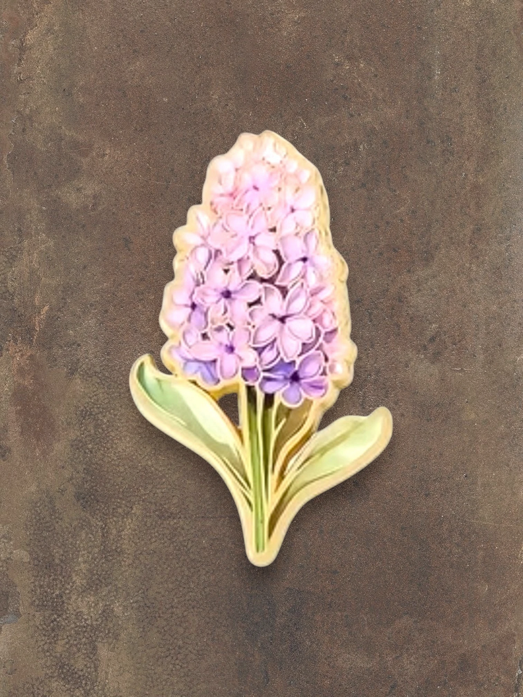 WILDSIDE pink and purple hyacinth flower enamel pin with green leaves.