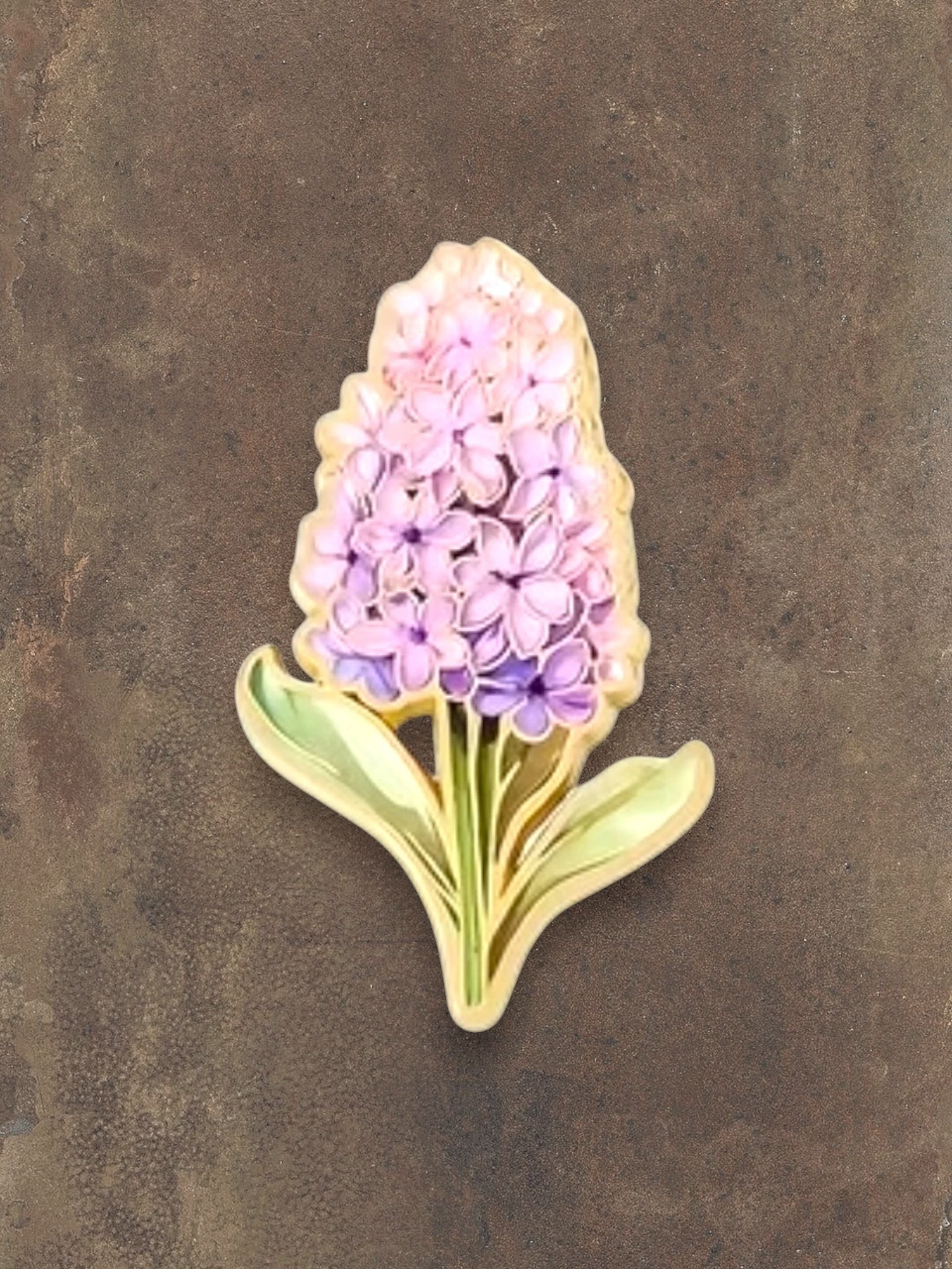 WILDSIDE pink and purple hyacinth flower enamel pin with green leaves.