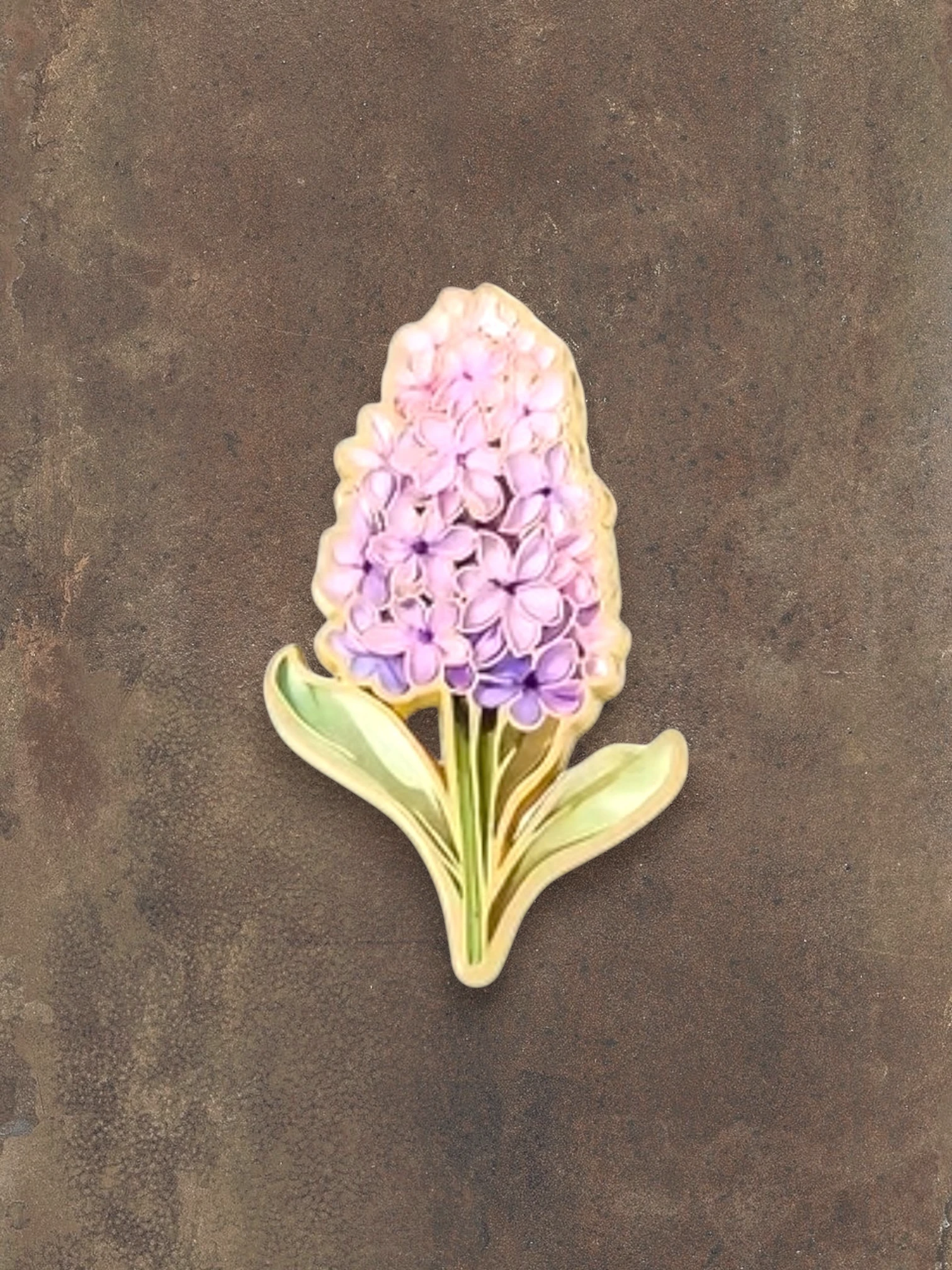 WILDSIDE pink and purple hyacinth flower enamel pin with green leaves.