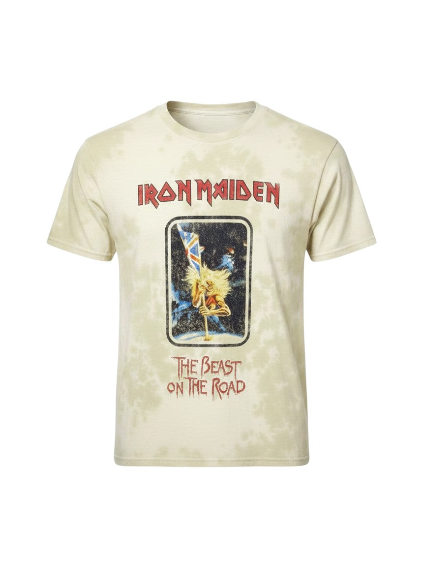 WILDSIDE Iron Maiden Beast On The Road unisex sand dye wash t-shirt with vintage band graphic on front