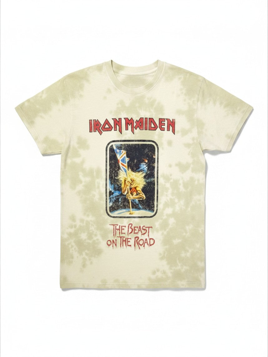 WILDSIDE Iron Maiden Beast On The Road unisex sand tie-dye t-shirt with vintage graphic print.