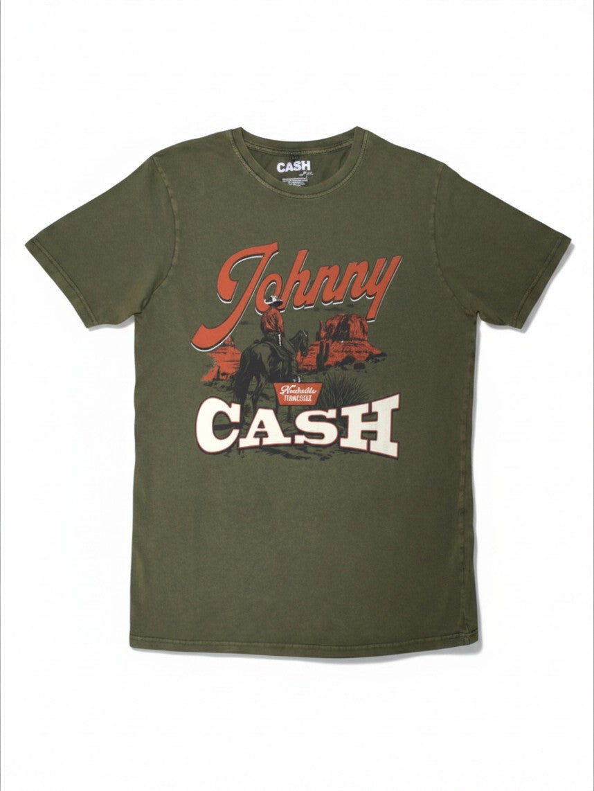 WILDSIDE Johnny Cash Desert Cowboy green unisex t-shirt in soft-style cotton with a vintage stone wash finish.