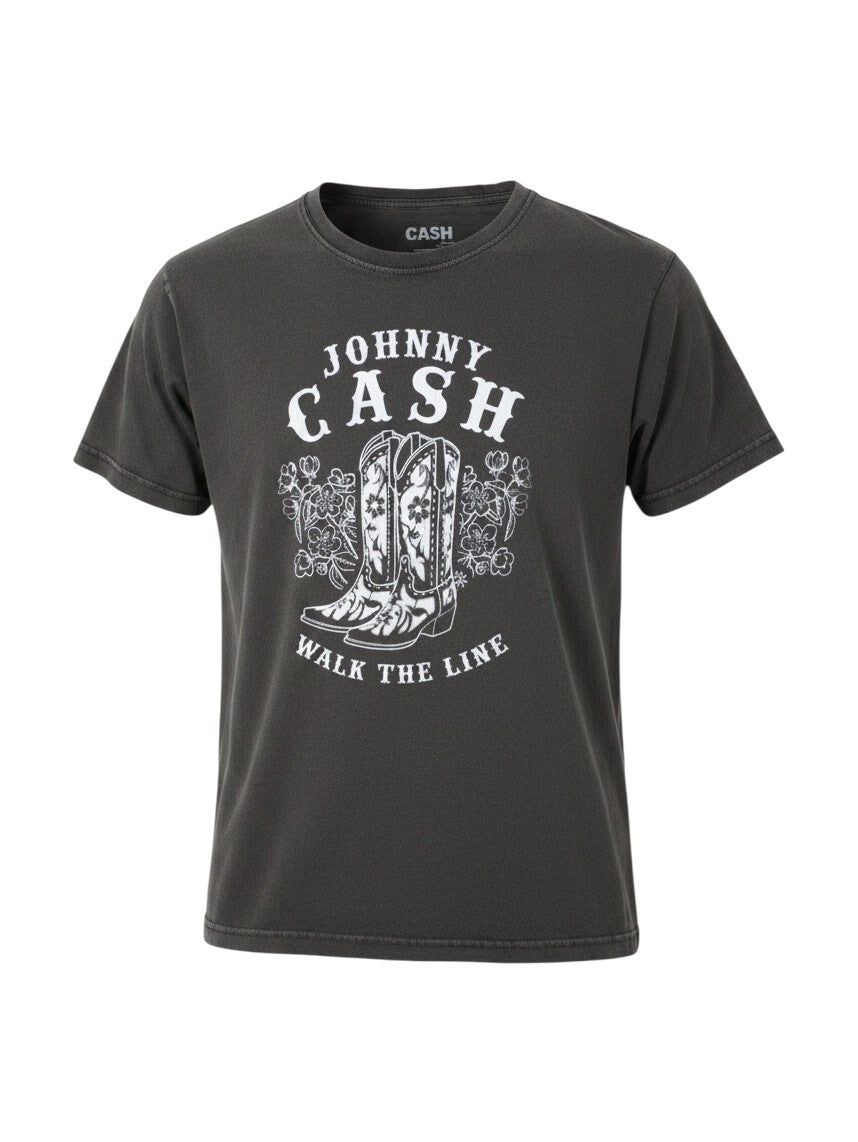 WILDSIDE Johnny Cash stone wash cotton t-shirt featuring a white Walk The Line cowboy boots graphic print.