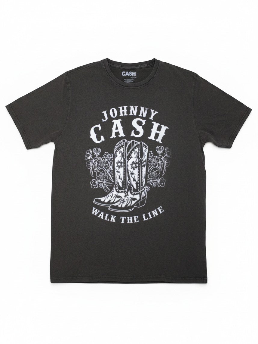 WILDSIDE Johnny Cash stone wash cotton t-shirt featuring a white Walk The Line boots graphic print