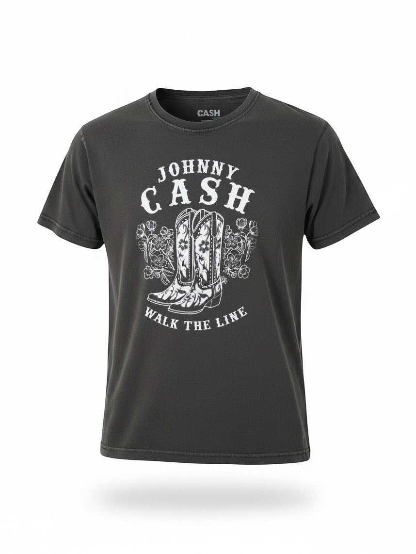 WILDSIDE Johnny Cash stone wash cotton t-shirt featuring a white Walk The Line boots graphic print