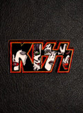 WILDSIDE Kiss logo pin featuring four faces in black, white, and red with a red and yellow border.