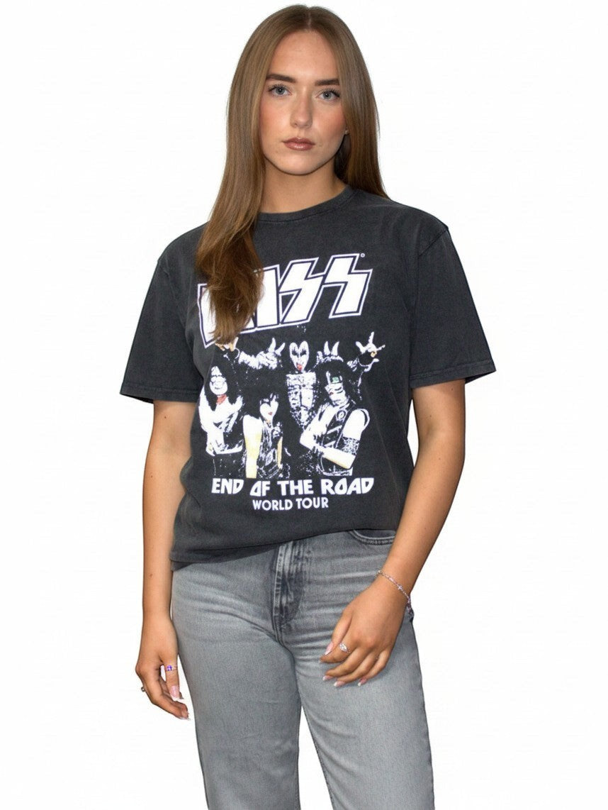 Model wearing a WILDSIDE limited edition KISS End Of The Road tour stone wash cotton t-shirt with band graphic