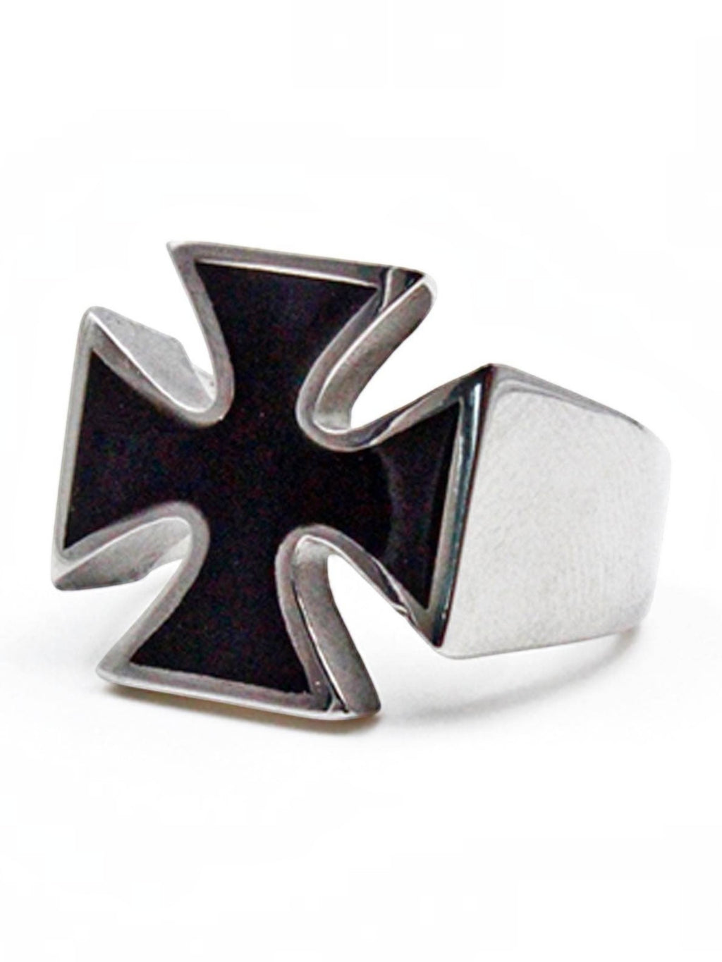 WILDSIDE Knights Iron Cross ring in polished steel with a black enamel inlay detail.