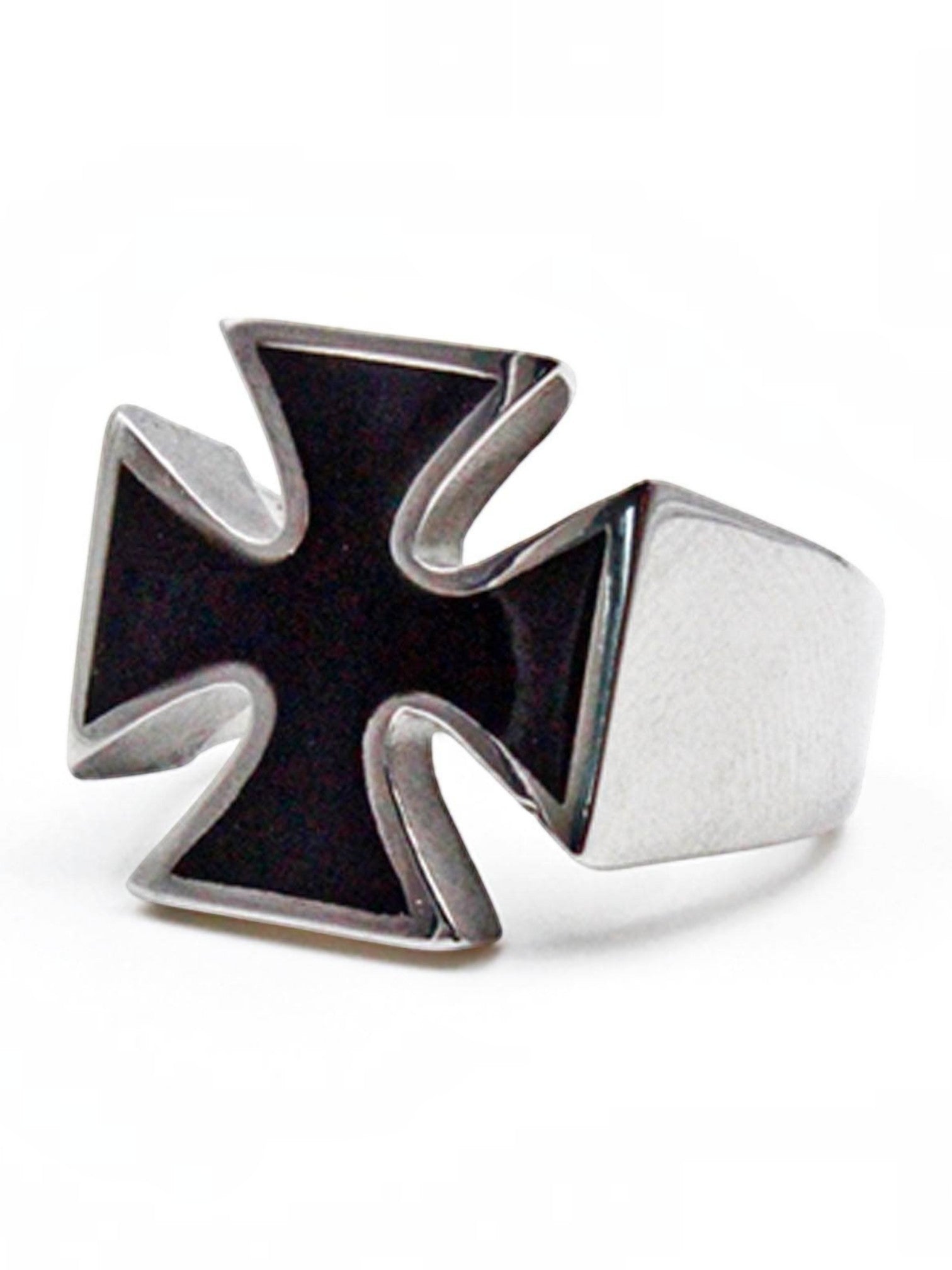 WILDSIDE Knights Iron Cross ring in polished steel with a black enamel inlay detail.