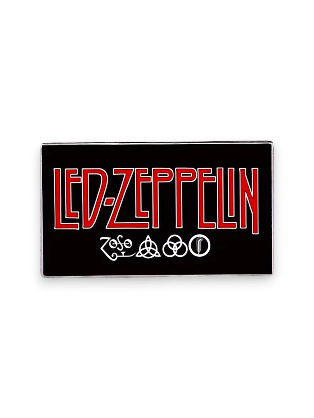 WILDSIDE Led Zeppelin rectangular pin with red lettering and four symbols on a black background.