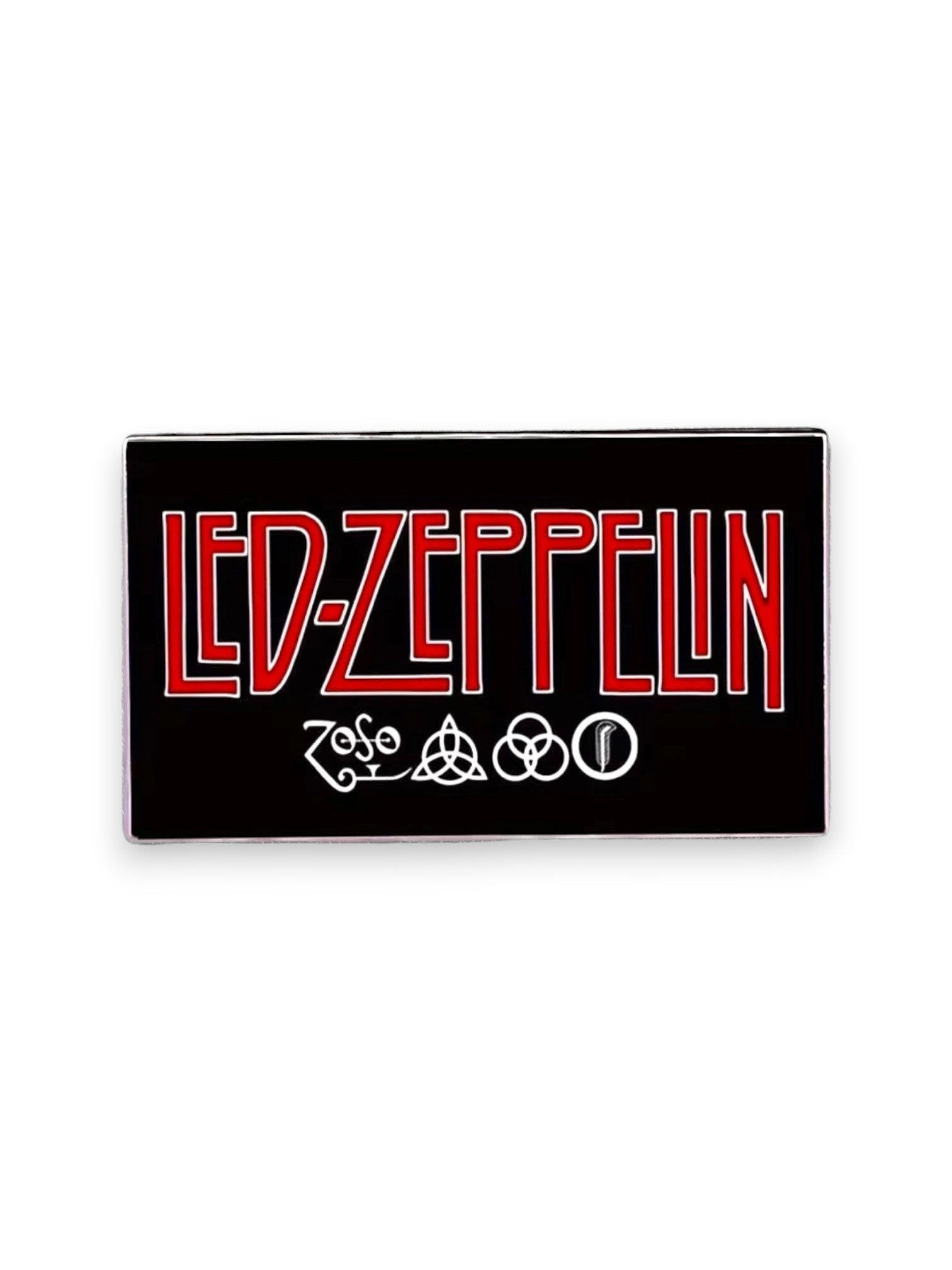 WILDSIDE Led Zeppelin rectangular pin with red lettering and four symbols on a black background.