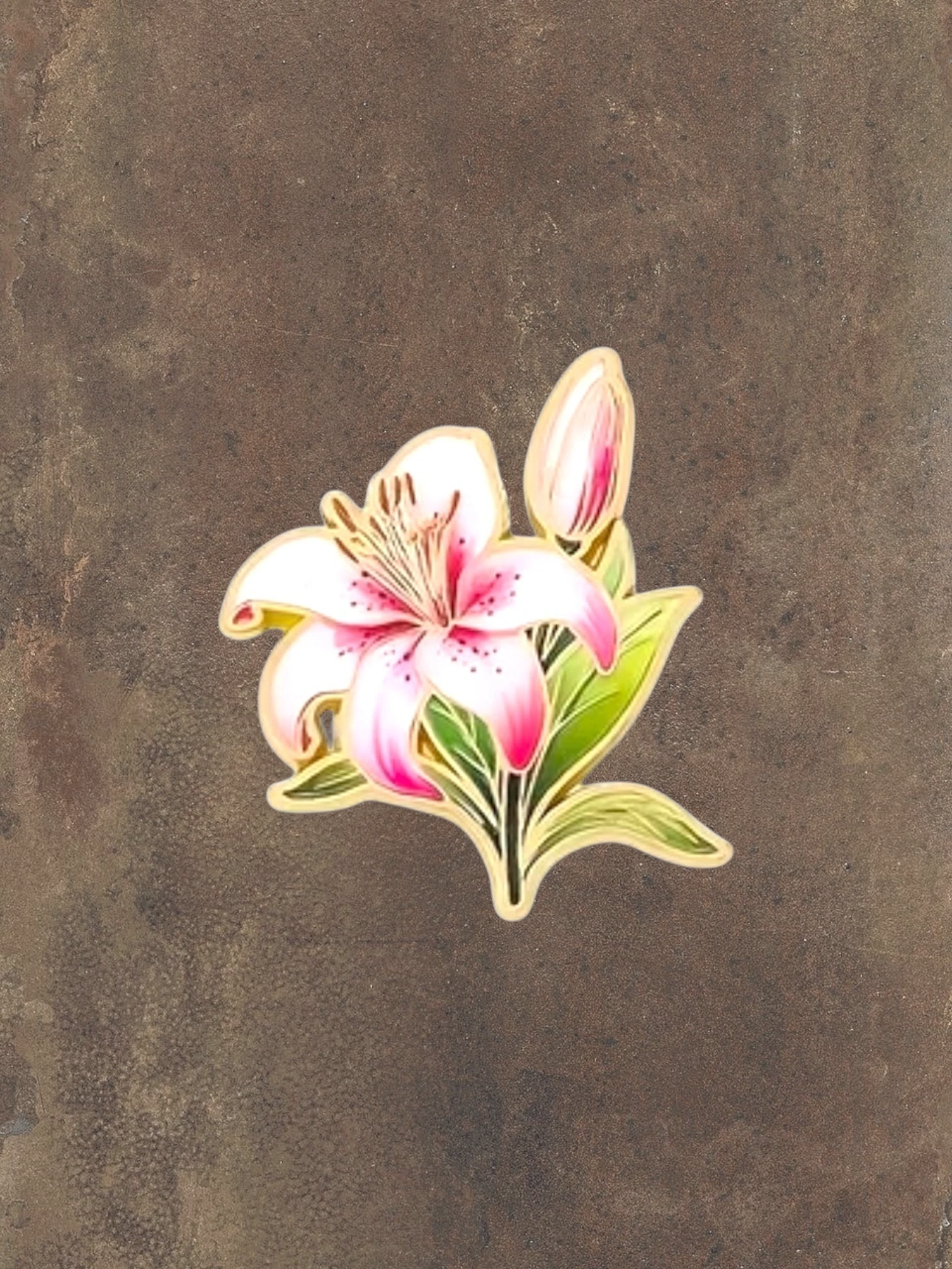 WILDSIDE pink and white lily flower pin with green leaves and a bud, enamel and metal.
