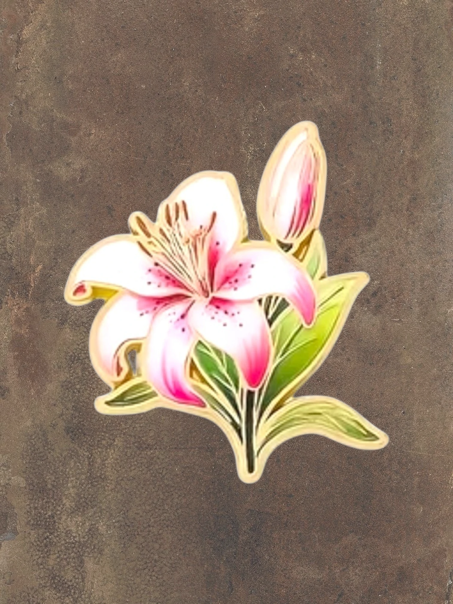 WILDSIDE pink and white lily flower pin with green leaves and a bud, enamel and metal.