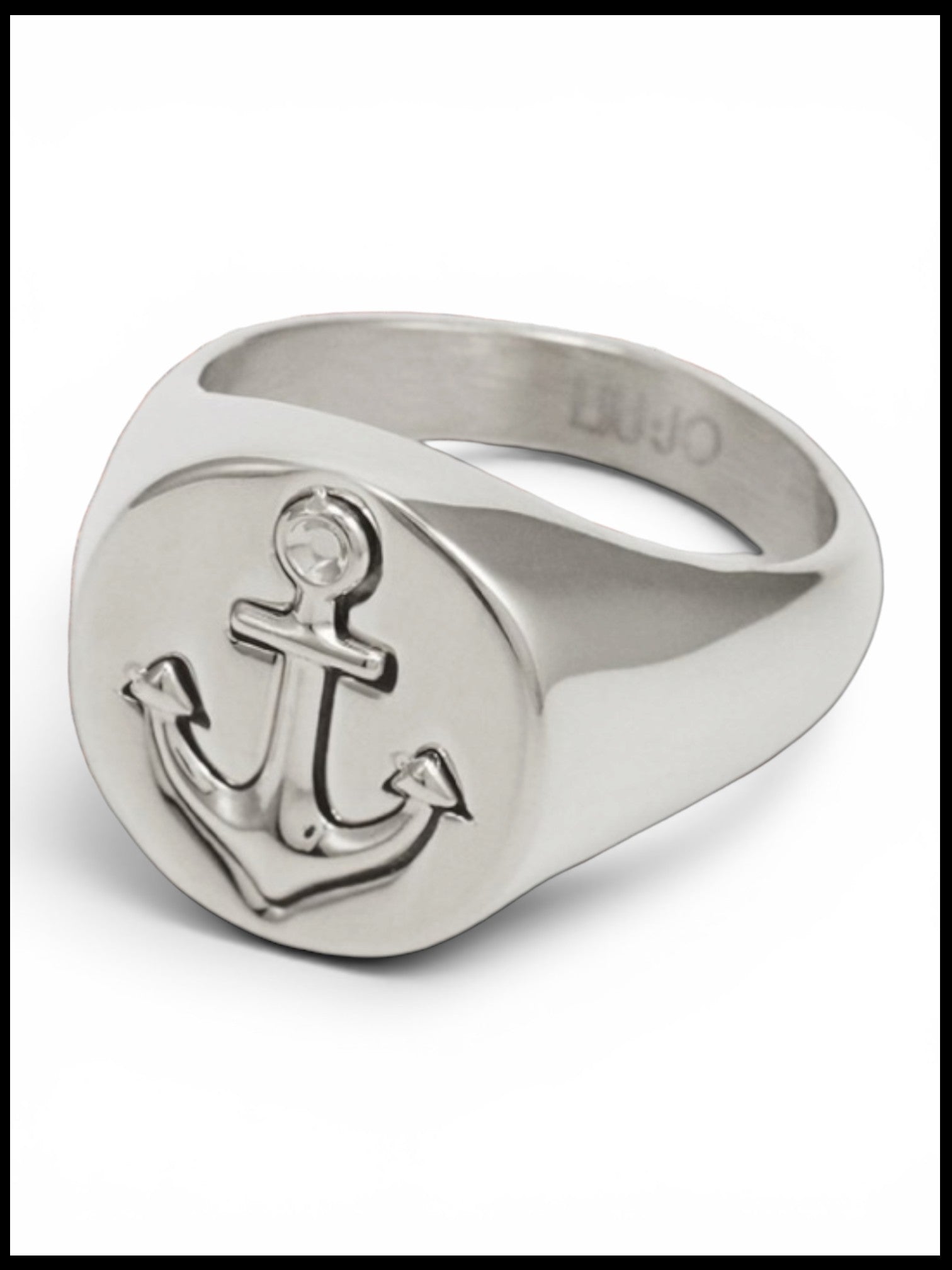 WILDSIDE LIU JO silver-tone signet ring featuring a polished anchor engraving on a rustic metal background