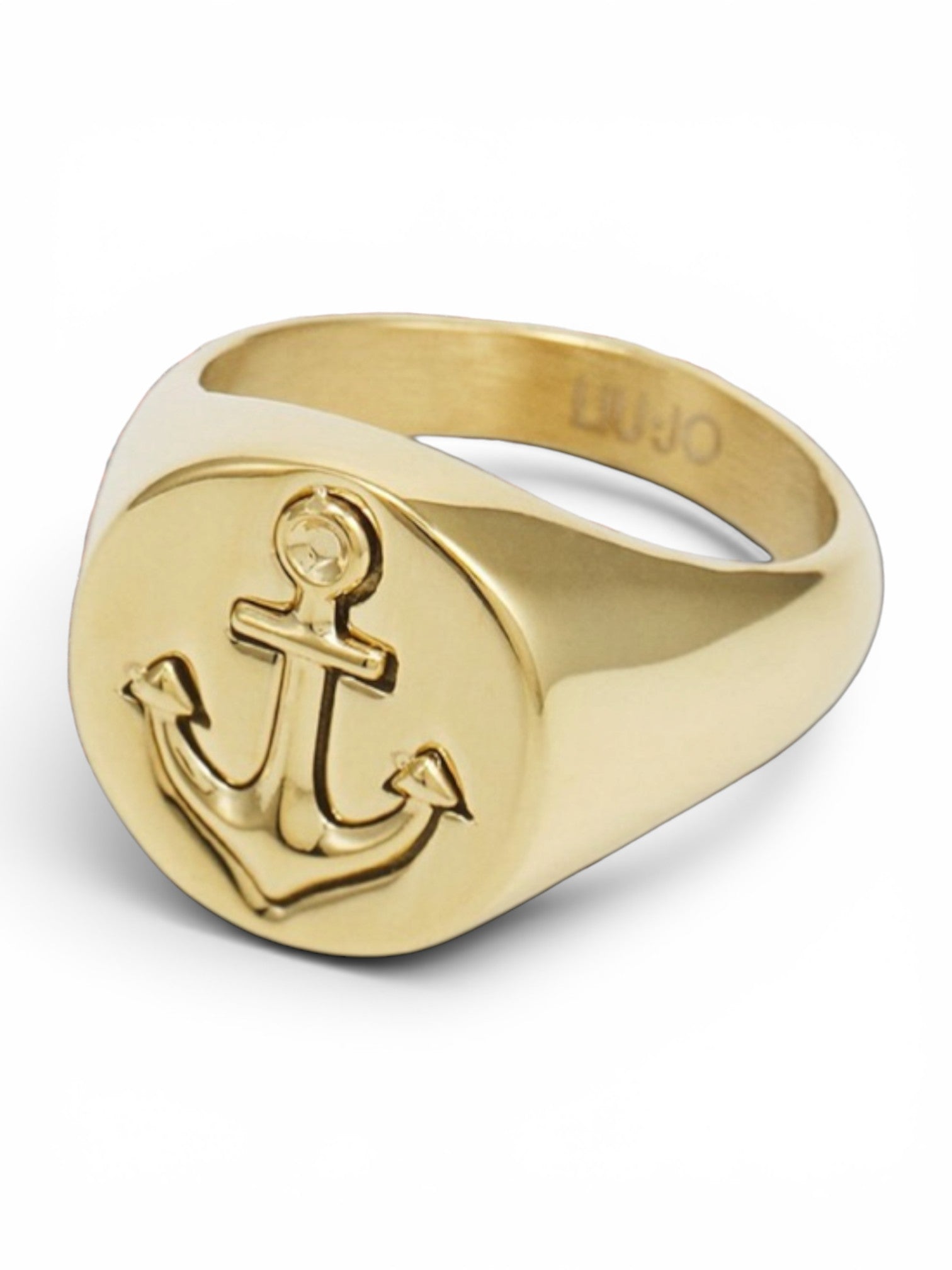 WILDSIDE LIU JO gold-tone signet ring featuring an embossed anchor design on a rustic metal background