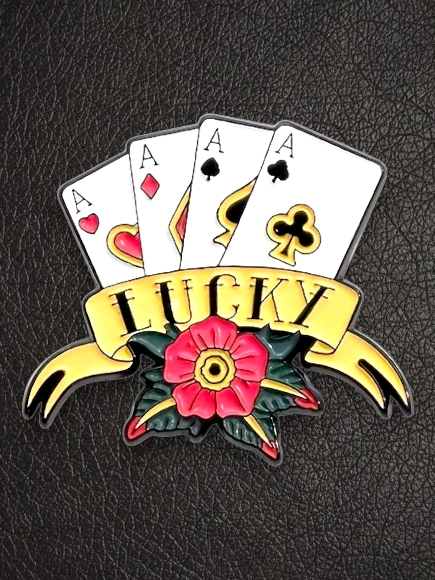 WILDSIDE lucky poker pin with four aces and a red rose tattoo design.