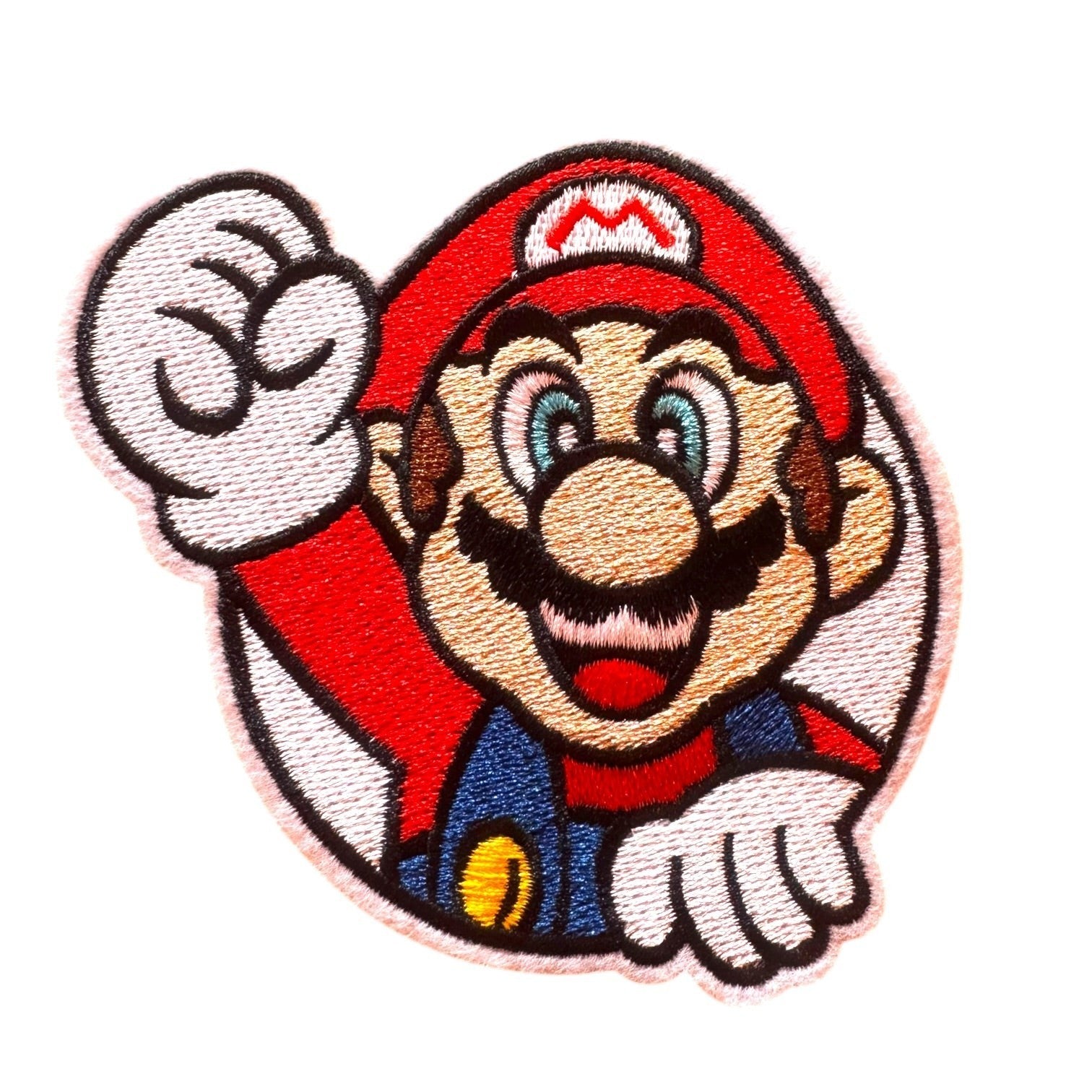 WILDSIDE embroidered patch of Mario in red hat and blue overalls, with fist raised.