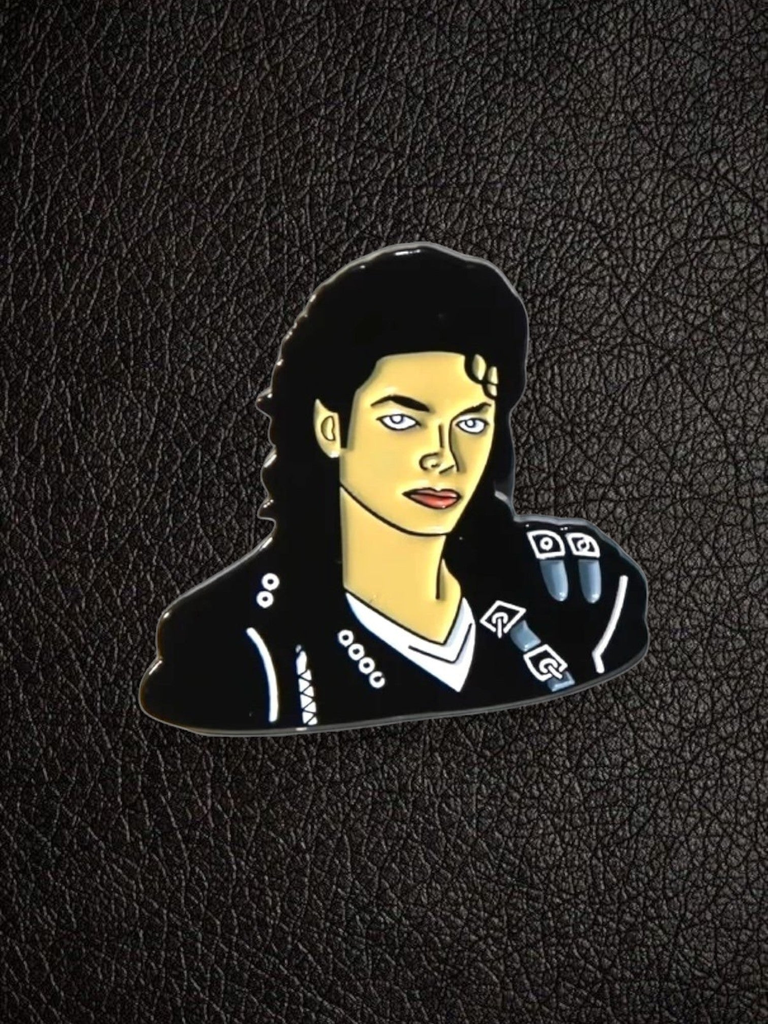 WILDSIDE Michael Jackson enamel pin, black jacket with silver details, iconic pose.