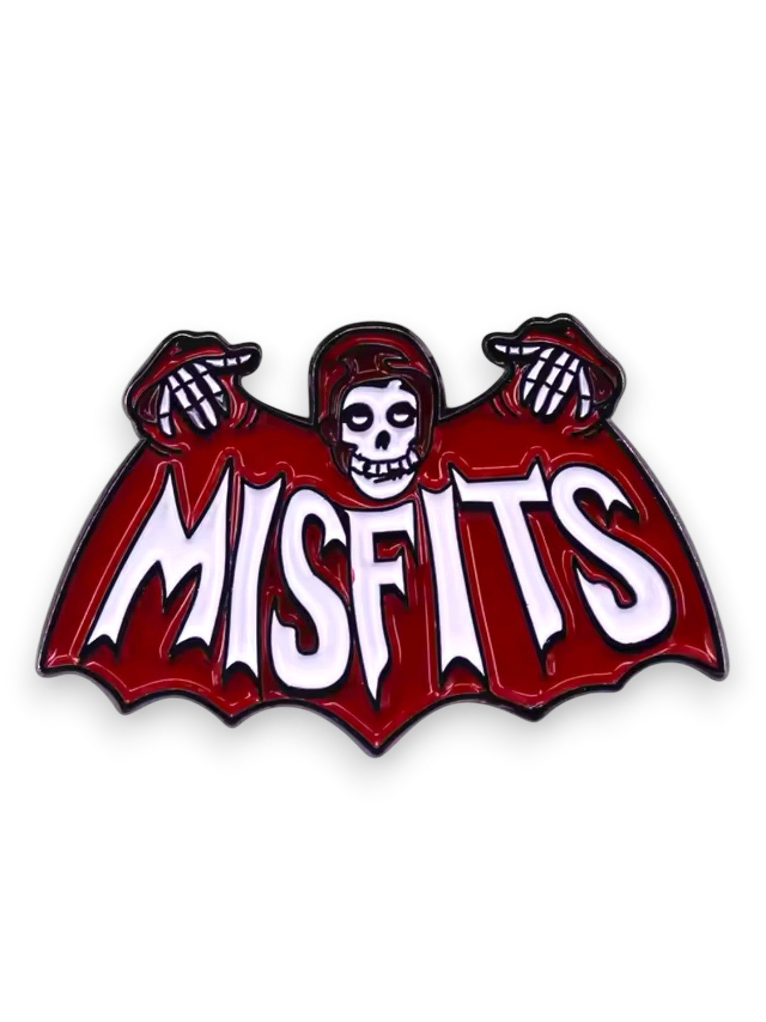 WILDSIDE Misfits Fiend skull logo enamel pin, red and white with black details.