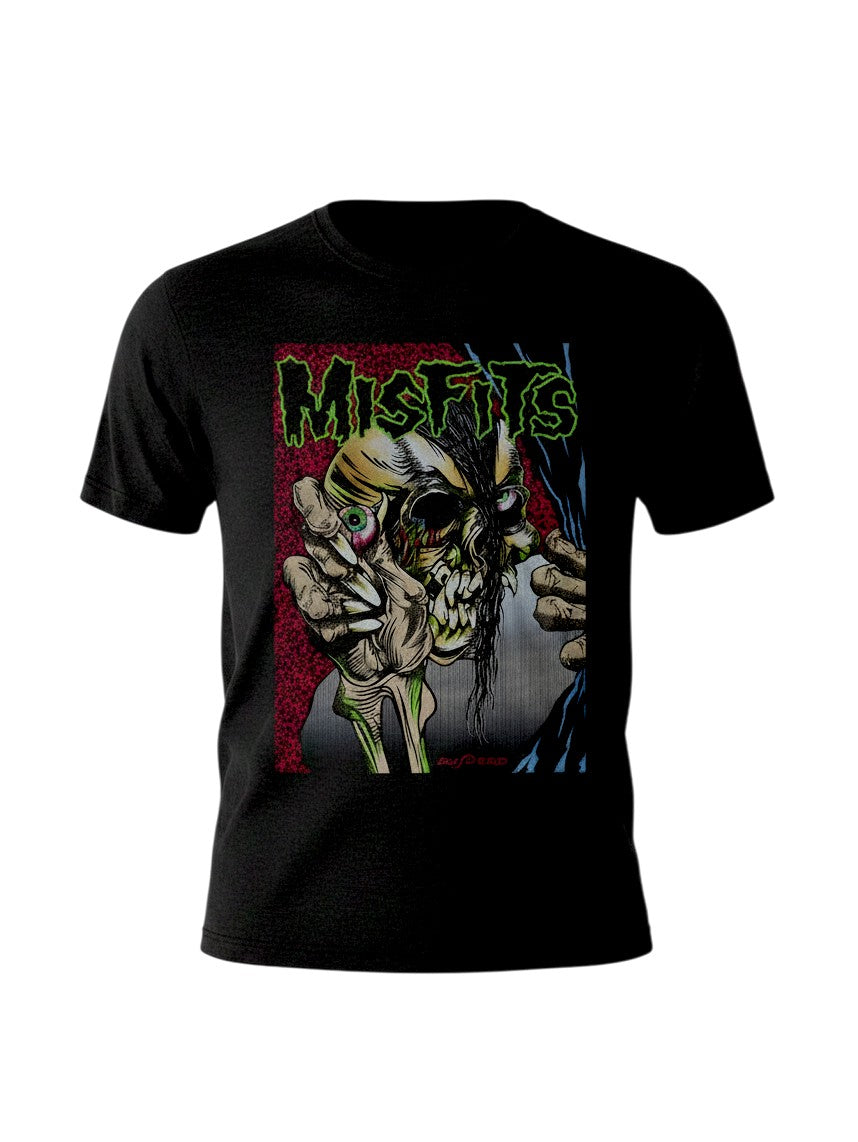 WILDSIDE Misfits unisex black soft-style cotton t-shirt featuring the iconic Pushead skull graphic on the front.