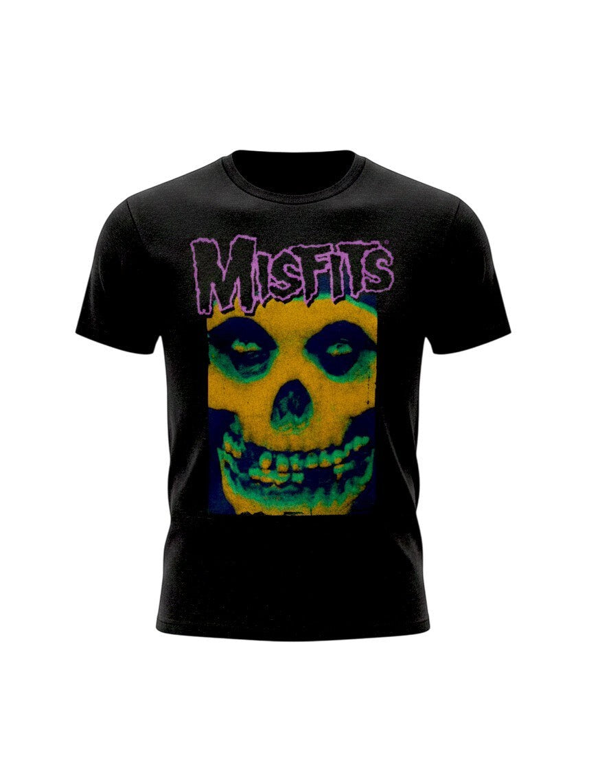 WILDSIDE Misfits unisex black soft-style cotton t-shirt featuring a colourful Warhol Fiend skull graphic print