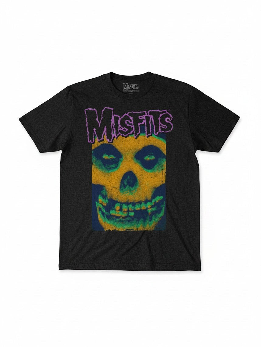 WILDSIDE Misfits Warhol Fiend unisex black soft-style cotton t-shirt with a colorful skull graphic front print.