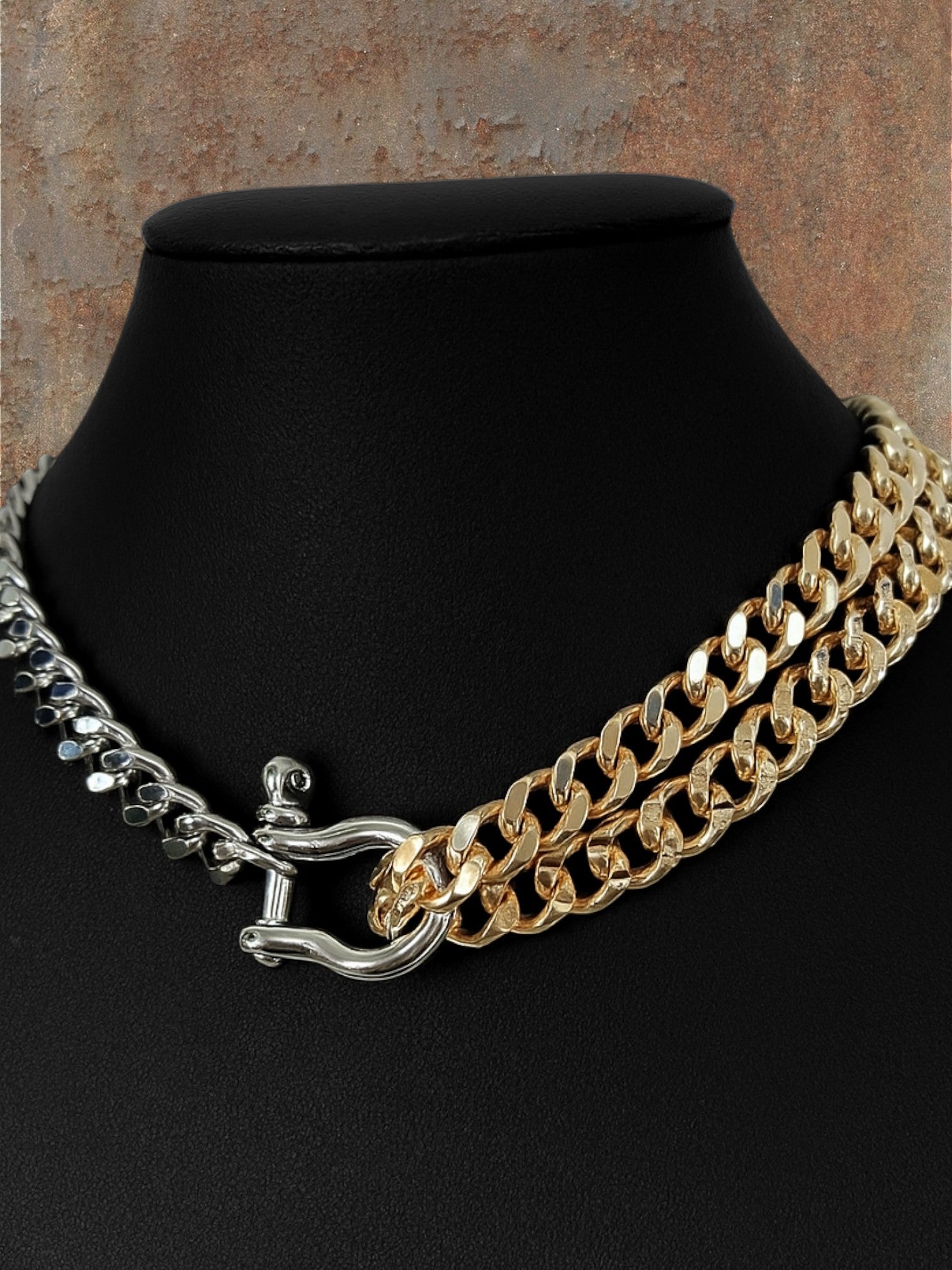 WILDSIDE mixed metals chain necklace in silver and gold stainless steel with a toggle clasp.