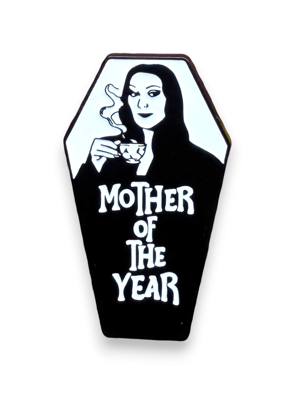 WILDSIDE Morticia Addams coffin-shaped pin with "Mother of the Year" text, holding a teacup.