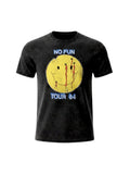 WILDSIDE Mötley Crüe No Fun Tour 84 stone wash cotton t-shirt with a distressed yellow smiley face graphic