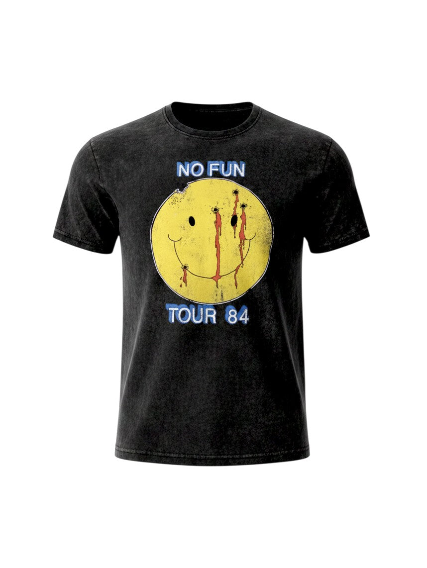 WILDSIDE Mötley Crüe No Fun Tour 84 stone wash cotton t-shirt with a distressed yellow smiley face graphic