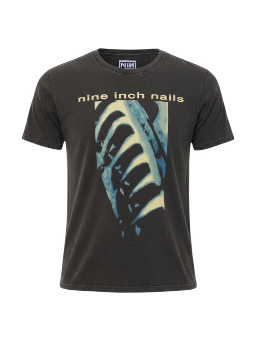 WILDSIDE Nine Inch Nails charcoal grey stone wash cotton t-shirt with PHM and text logo graphic on the front.