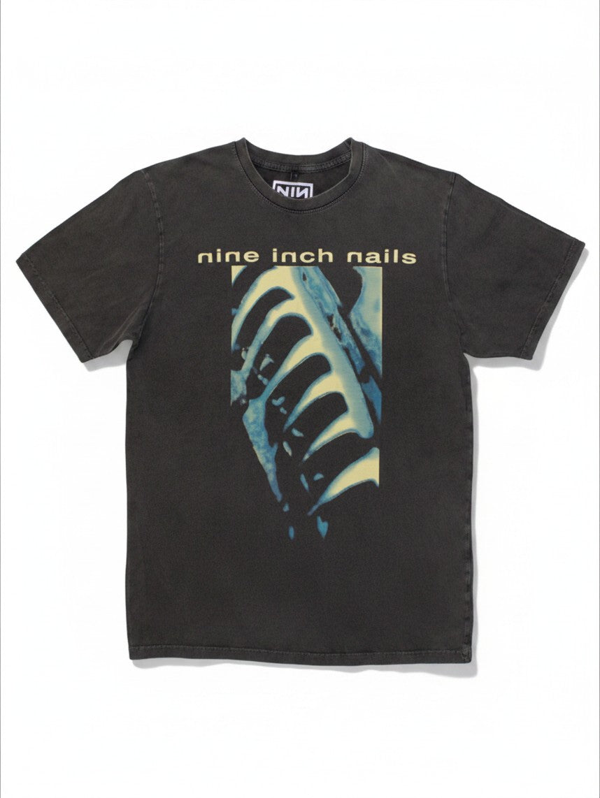 WILDSIDE Nine Inch Nails charcoal grey stone wash cotton t-shirt with PHM and text logo graphic on the front