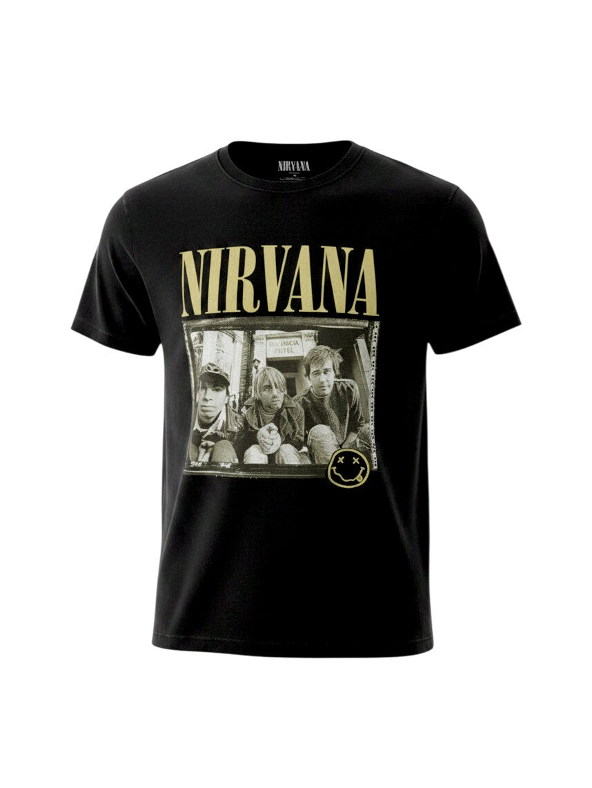 WILDSIDE black Nirvana Nevermind 91 hotel photo graphic t-shirt in soft-touch combed cotton with crew neck