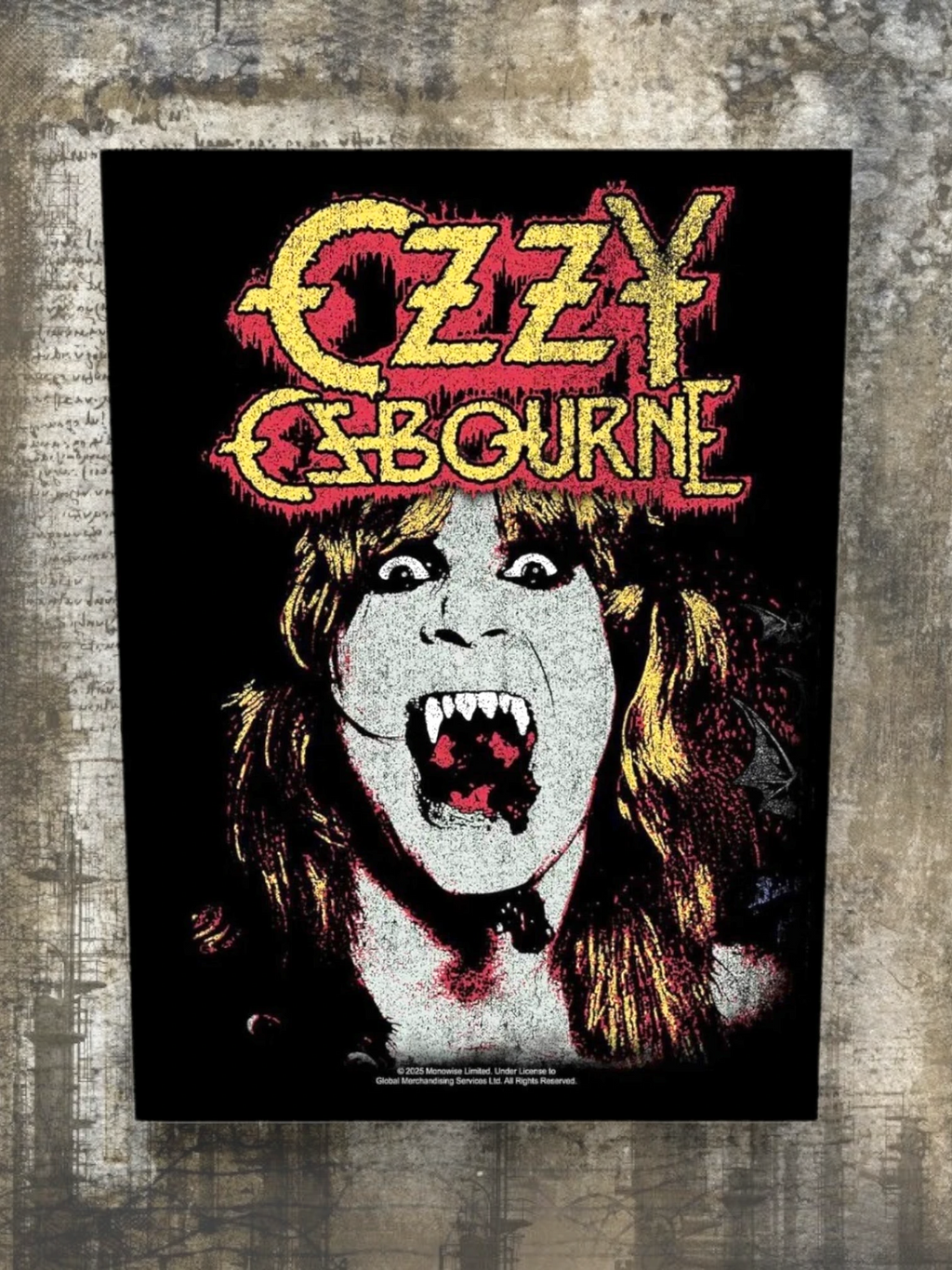 WILDSIDE Ozzy Osbourne back patch with embroidered red and yellow logo and iconic portrait with fangs.