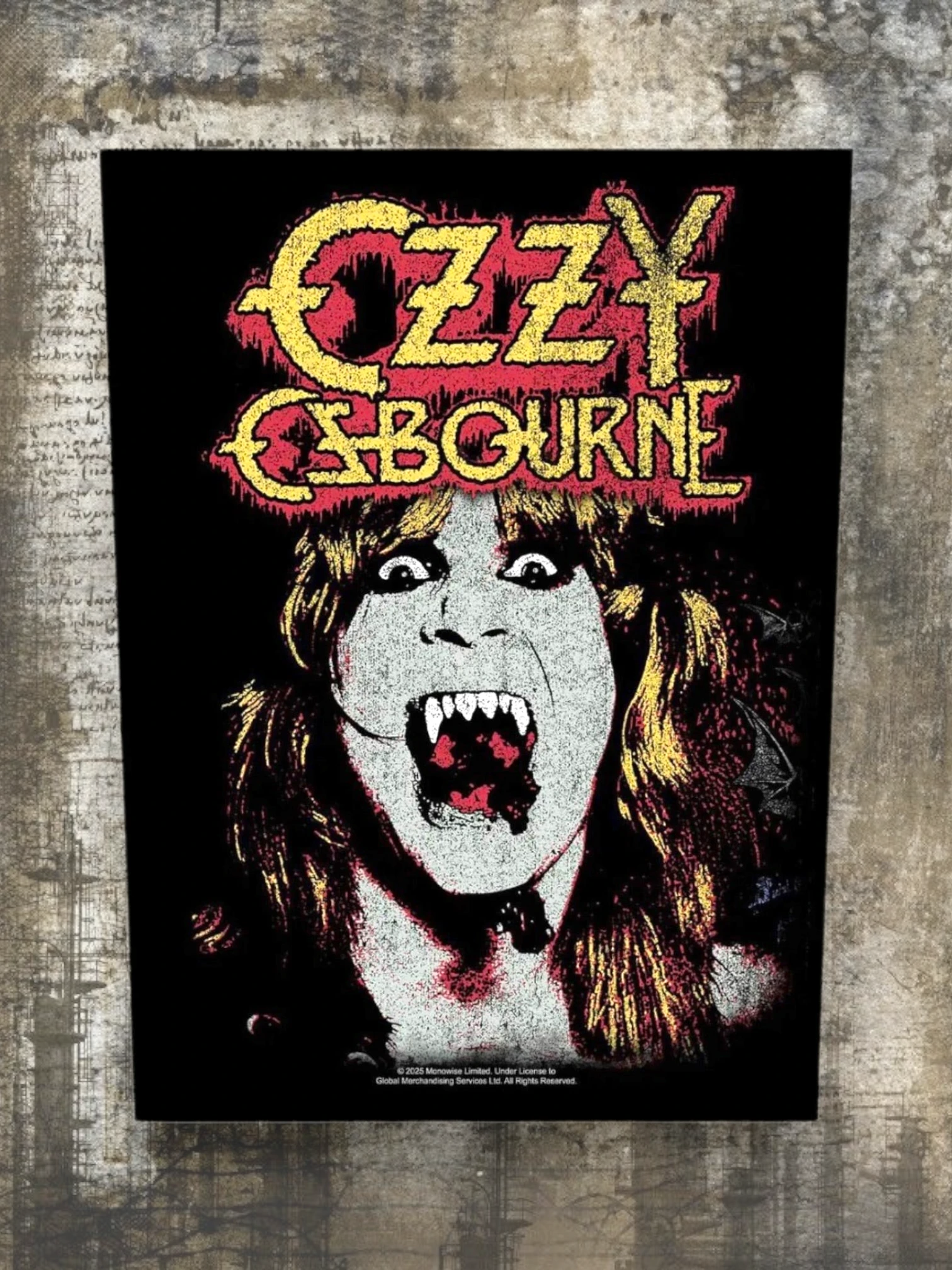 WILDSIDE Ozzy Osbourne back patch with embroidered red and yellow logo and iconic portrait with fangs.