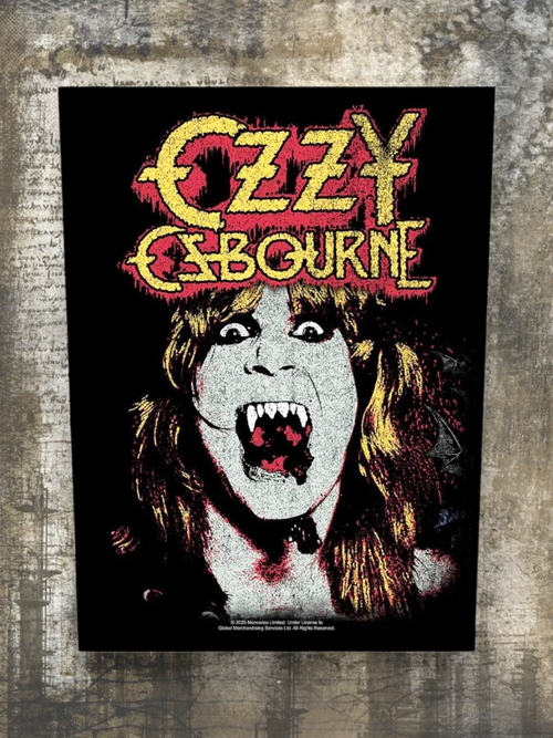 WILDSIDE Ozzy Osbourne back patch with embroidered red and yellow logo and iconic portrait with fangs.
