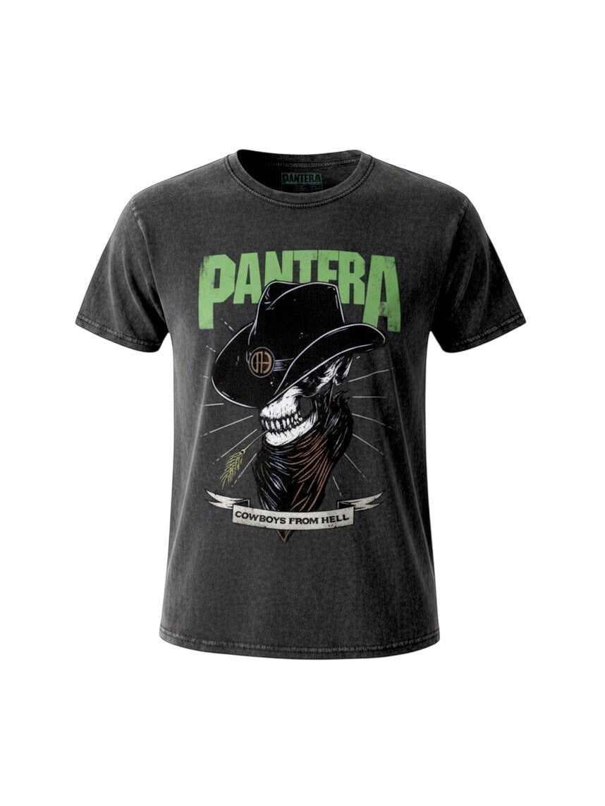 WILDSIDE Pantera stone wash cotton t-shirt featuring a skeleton cowboy graphic print and Cowboys From Hell text.