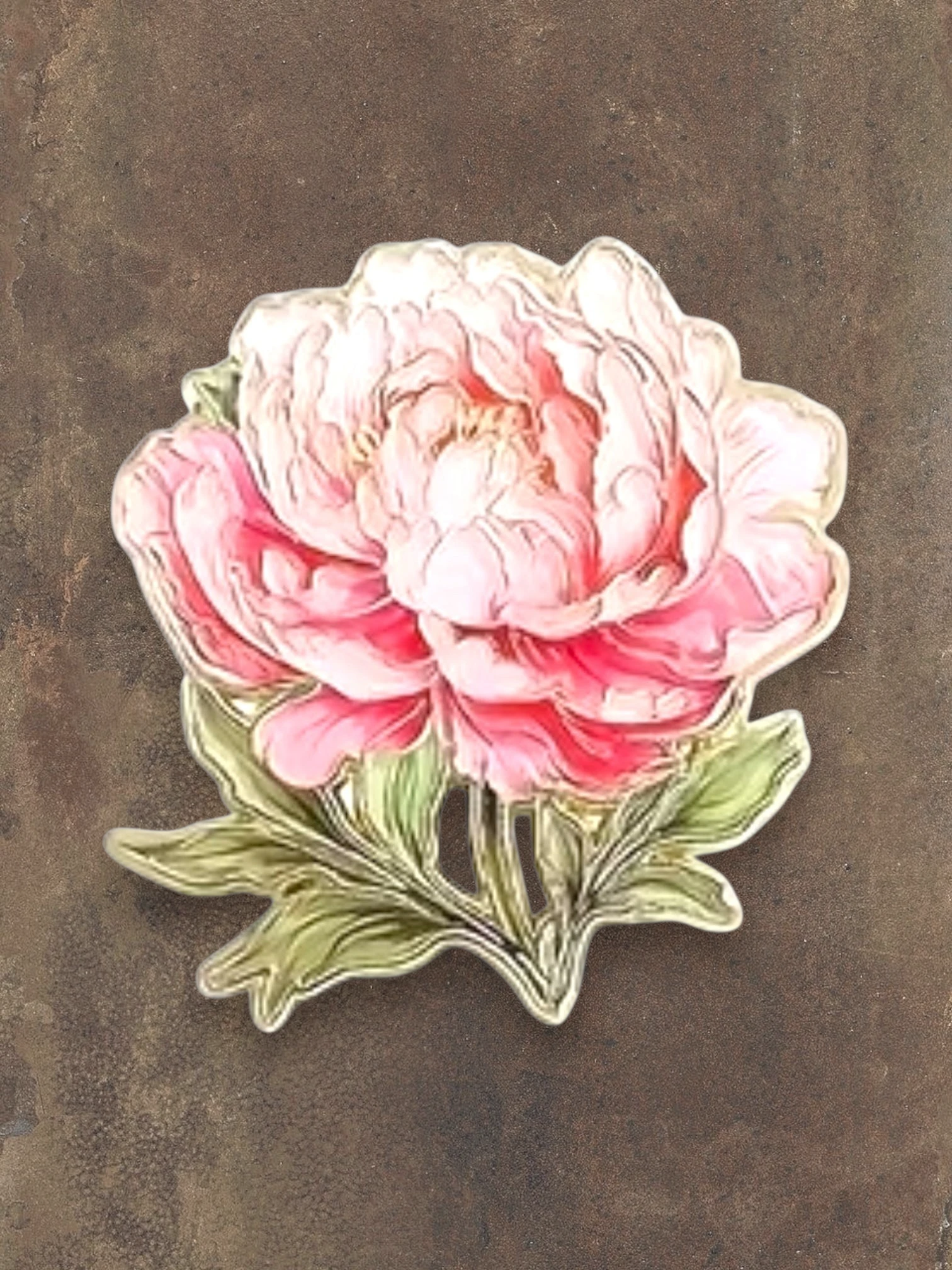 WILDSIDE peony flower pin with pink and white petals and green leaves.