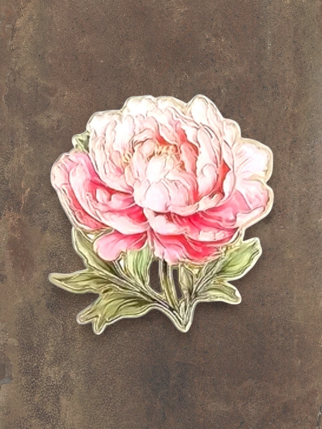 WILDSIDE peony flower pin with pink and white petals and green leaves.