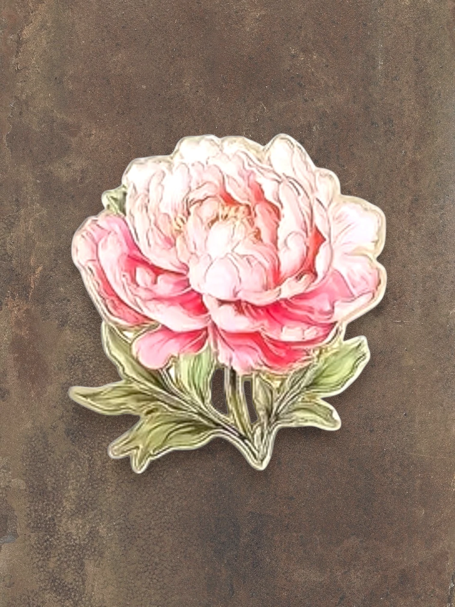 WILDSIDE peony flower pin with pink and white petals and green leaves.