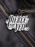WILDSIDE Pierce the Veil band logo pin on a black faux leather jacket with zipper detail.