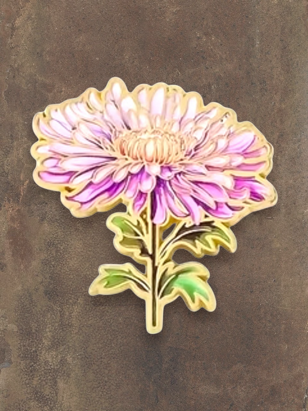 WILDSIDE pink and purple chrysanthemum flower pin with green leaves and gold trim.