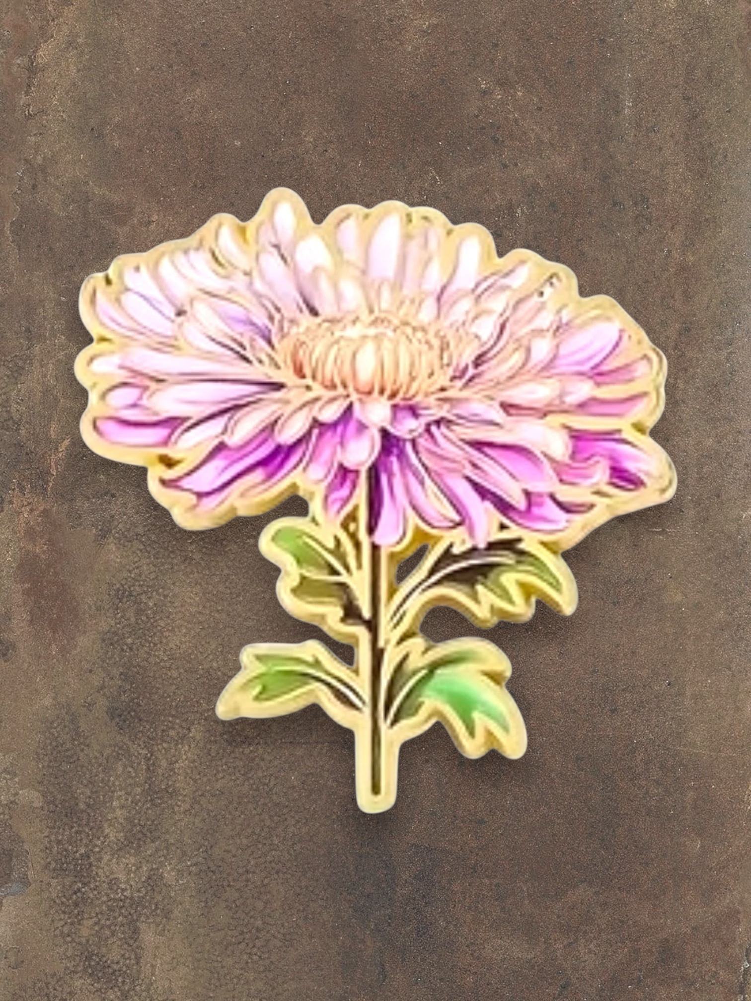 WILDSIDE pink and purple chrysanthemum flower pin with green leaves and gold trim.