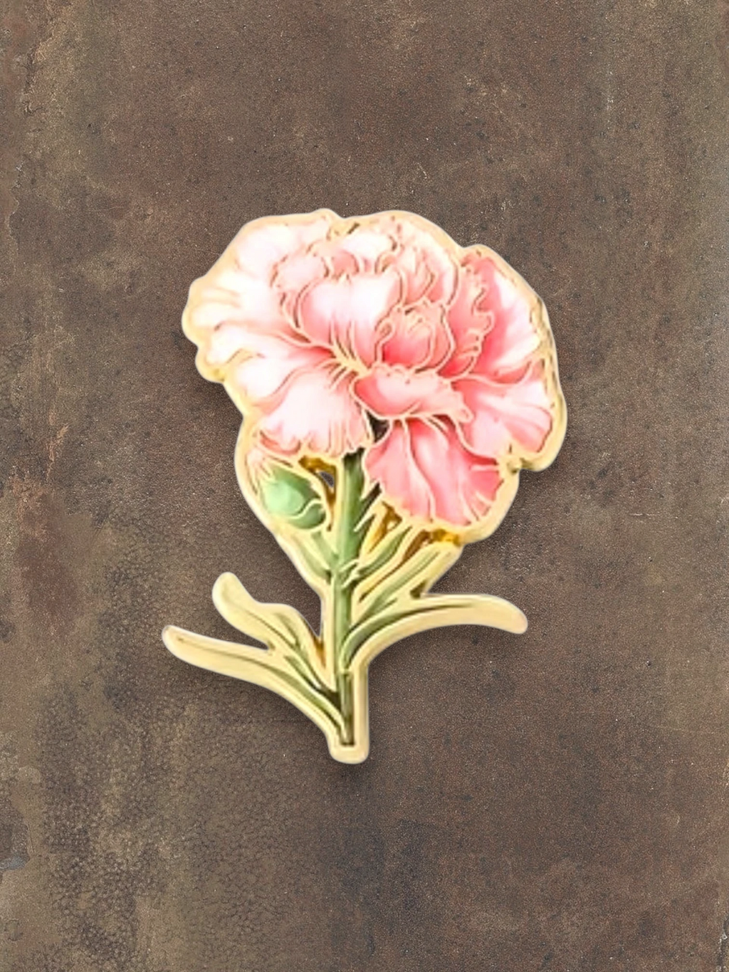 WILDSIDE pink peony flower enamel pin with gold trim and green stem. Perfect accessory for jackets and bags.