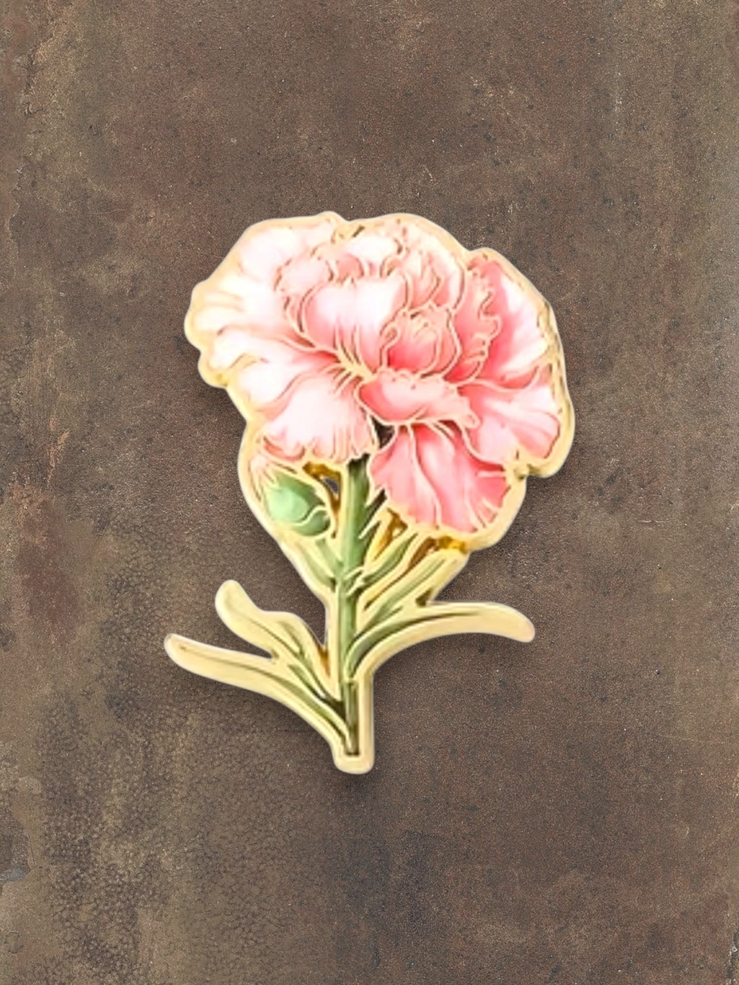 WILDSIDE pink peony flower enamel pin with gold trim and green stem. Perfect accessory for jackets and bags.
