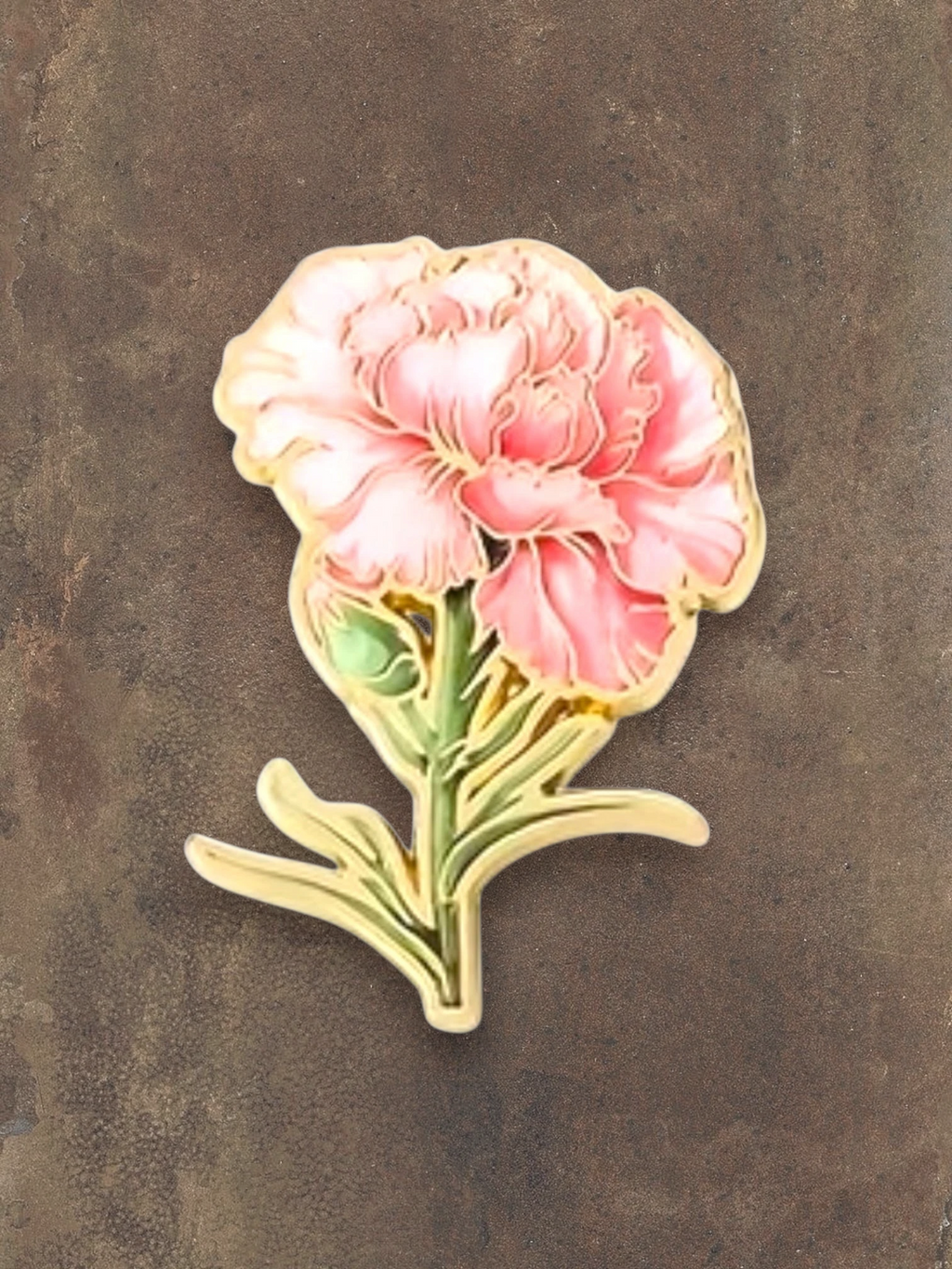 WILDSIDE pink peony flower enamel pin with gold trim and green stem. Perfect accessory for jackets and bags.