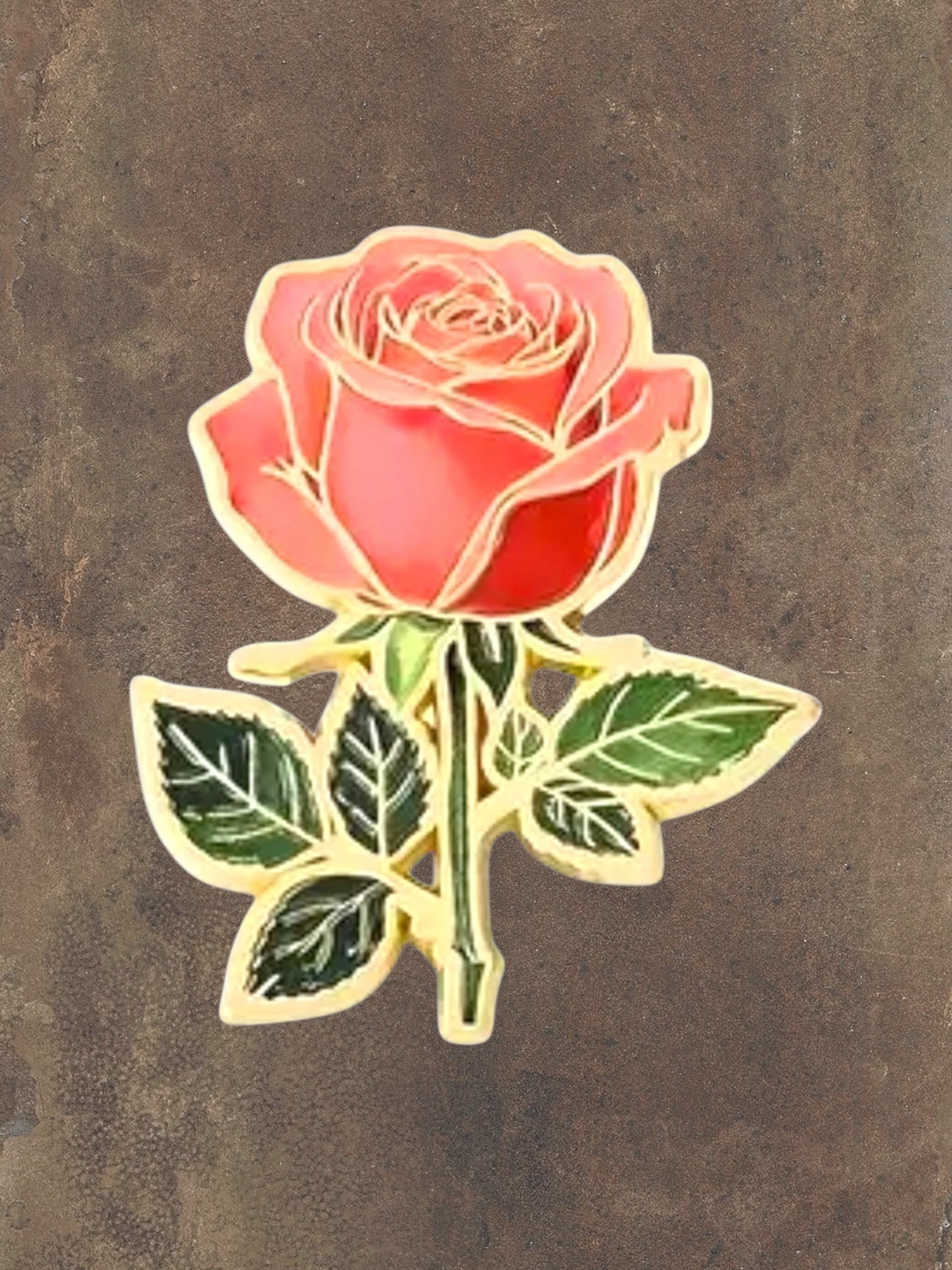 WILDSIDE pink rose flower enamel pin with green leaves and gold trim. Perfect accessory for jackets and bags.